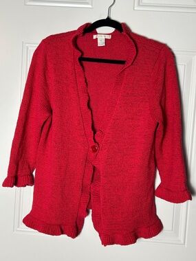 Bright Red Ruffle-Trim Cardigan Sweater Flared Cuffs One Button Closure XL Boho